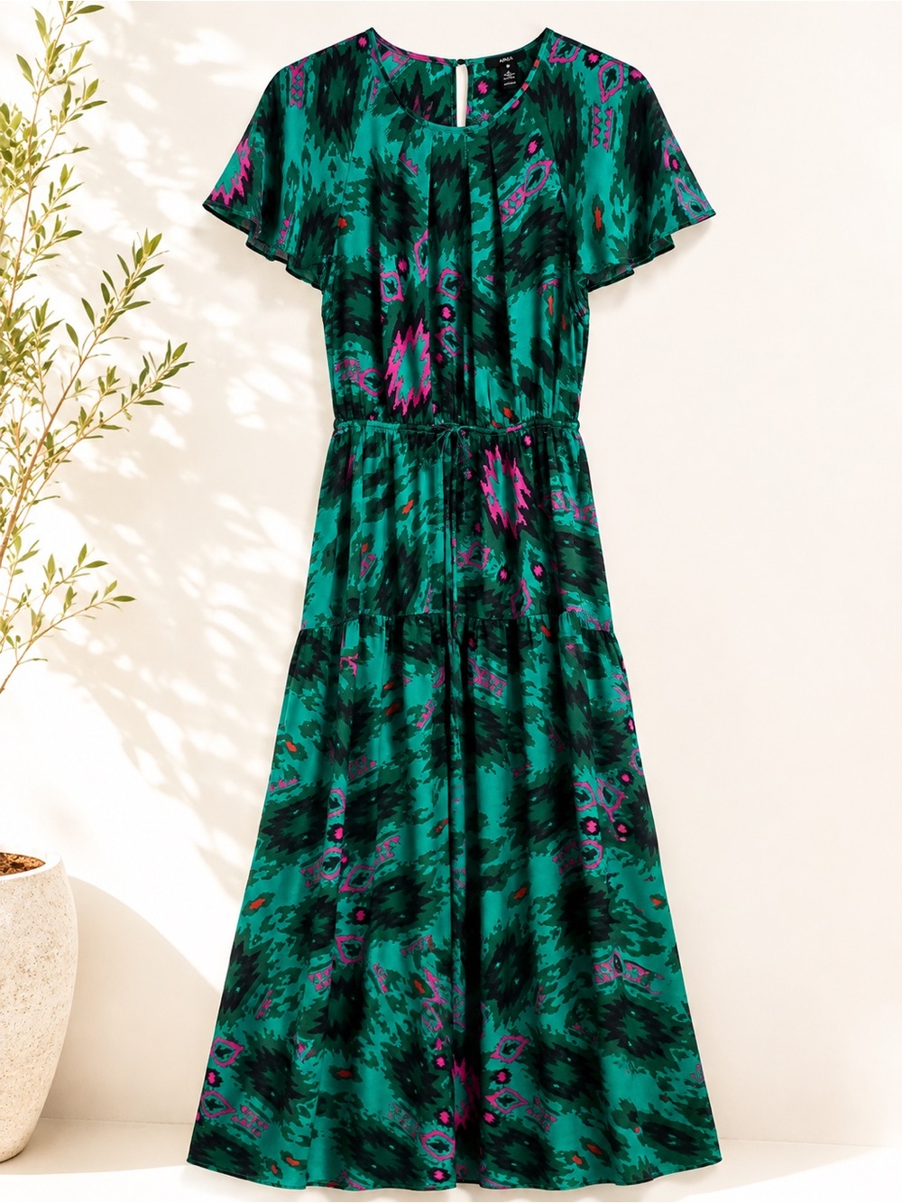 AQUA XL Green Ikat Boho Maxi Dress Flutter Sleeve Adjustable Waist